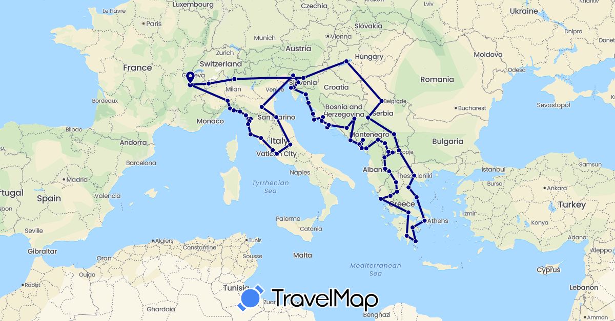 TravelMap itinerary: driving in Bosnia and Herzegovina, France, Greece, Croatia, Hungary, Italy, Montenegro, Macedonia, Serbia, Slovenia, San Marino, Kosovo (Europe)